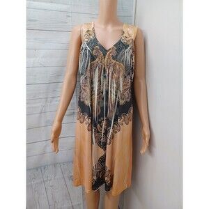 World Unity Boho Dress XL Beaded Print Festival Summer Brown Beige